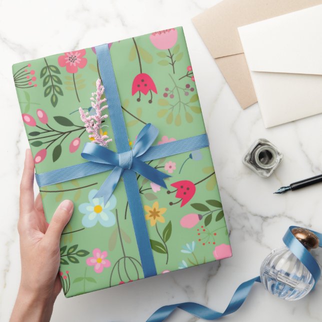 Spring Wildflowers on Garden Green Wrapping Paper (Gifting)
