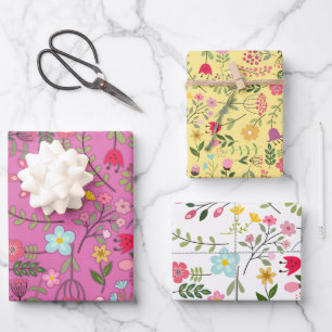 Spring Wildflowers on White, Purple, and Yellow Wrapping Paper Sheet