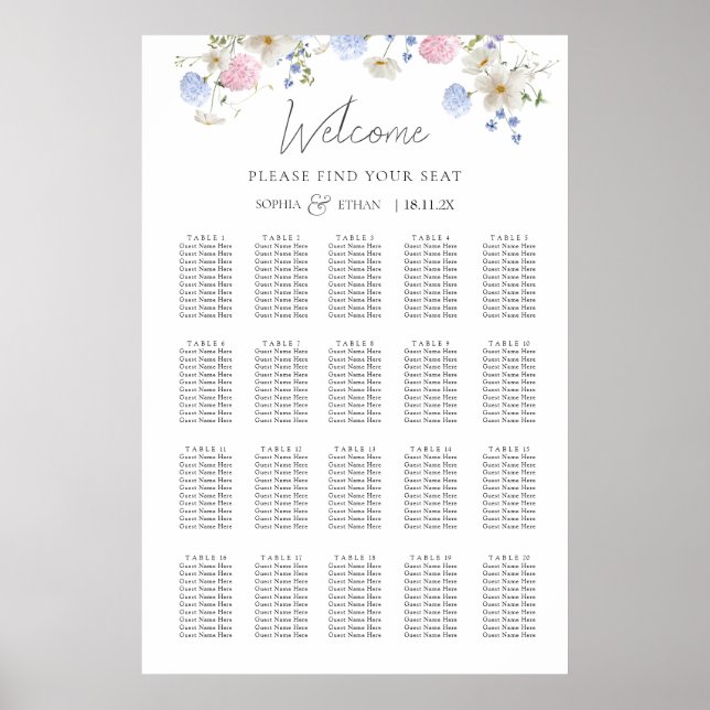 Spring Wildflowers Purple Wedding Seating Chart (Front)