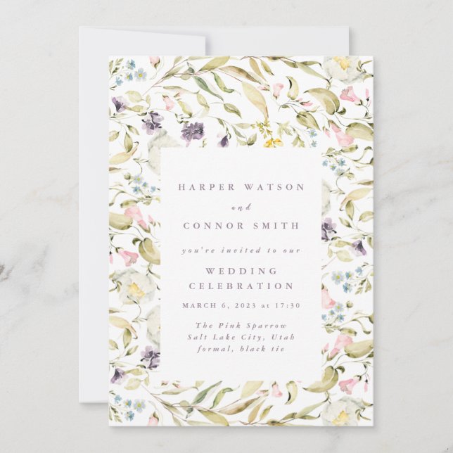 Spring Wildflowers Watercolor Frame Wedding Invitation (Front)