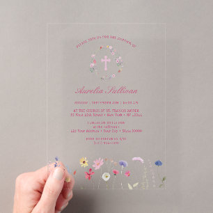 Spring Wildflowers Wreath Baptism Acrylic Invitations