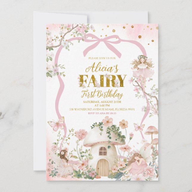 Spring woodland fairy first birthday  invitation (Front)