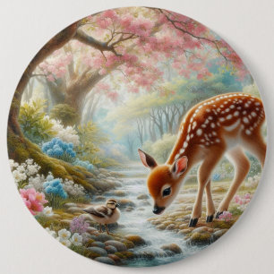 Spring woods with duck and fawn/deer  6 cm round badge
