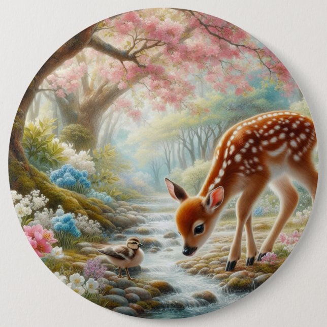 Spring woods with duck and fawn/deer  6 cm round badge (Front)