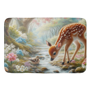 Spring woods with duck and fawn/deer  bath mat