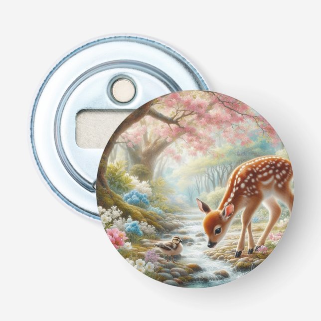 Spring woods with duck and fawn/deer  bottle opener (Front)