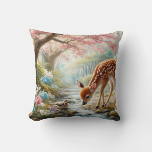 Spring woods with duck and fawn/deer cushion