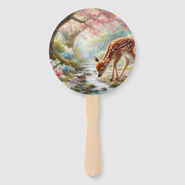 Spring woods with duck and fawn/deer  hand fan (Front)