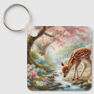 Spring woods with duck and fawn/deer key ring