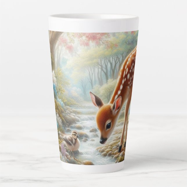 Spring woods with duck and fawn/deer  latte mug (Front)