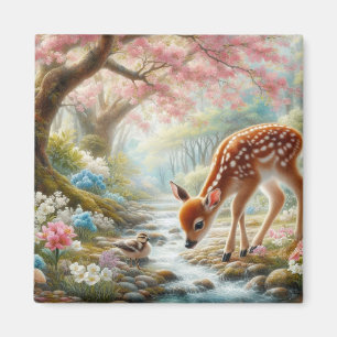 Spring woods with duck and fawn/deer magnet