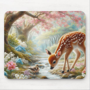 Spring woods with duck and fawn/deer mouse mat