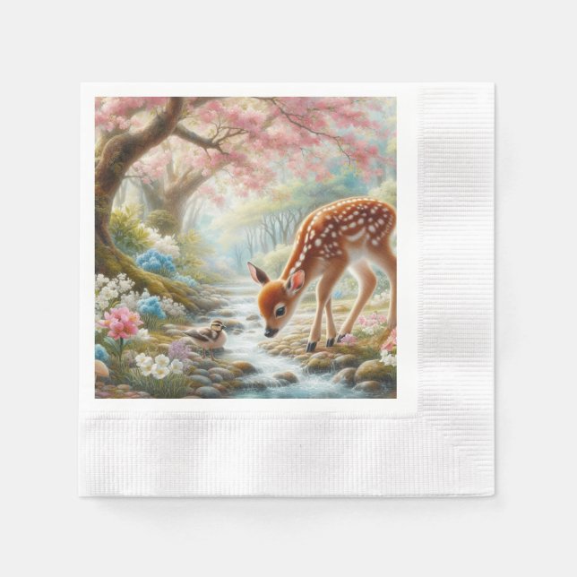 Spring woods with duck and fawn/deer  napkin (Front)