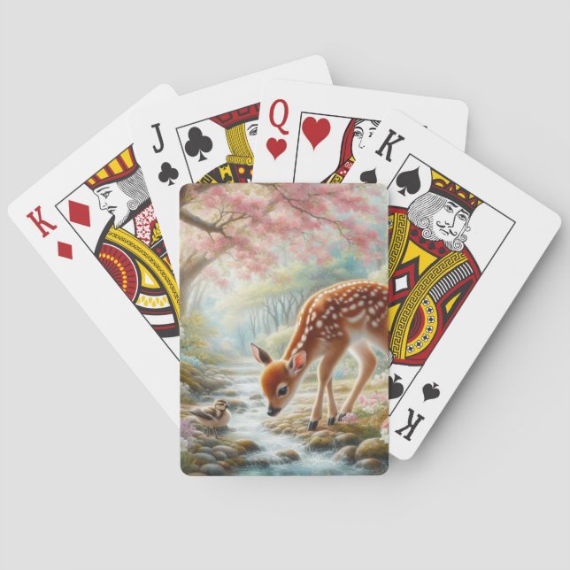 Spring woods with duck and fawn/deer  playing cards (Back)