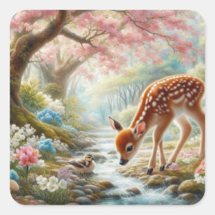 Spring woods with duck and fawn/deer  square sticker