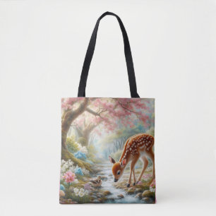Spring woods with duck and fawn/deer tote bag