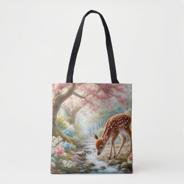Spring woods with duck and fawn/deer  tote bag (Front)