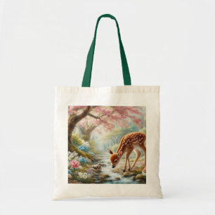 Spring woods with duck and fawn/deer tote bag