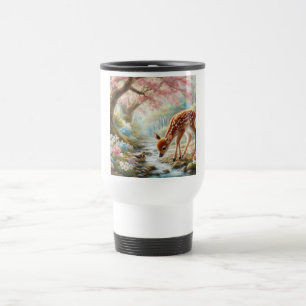 Spring woods with duck and fawn/deer  travel mug