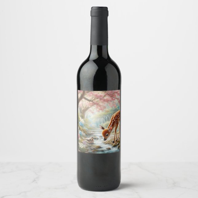Spring woods with duck and fawn/deer  wine label (Front)