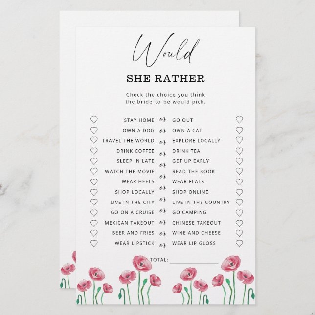 Spring Would she rather bridal shower game (Front/Back)