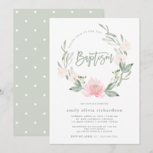 Spring Wreath   Watercolor Floral Baptism Invitation