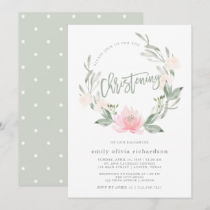 Spring Wreath Watercolor Floral Christening Invitation