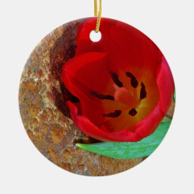 Spring yellow and Red Tulip Ceramic Tree Decoration (Front)