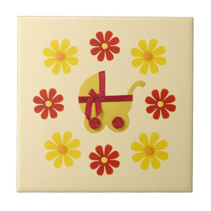 Spring yellow baby stroller, yellow, red flowers tile