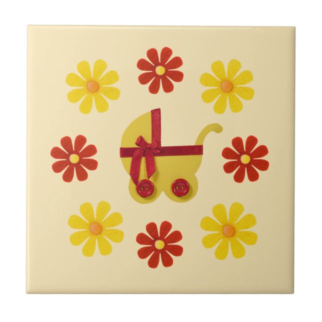 Spring yellow baby stroller, yellow, red flowers tile (Front)