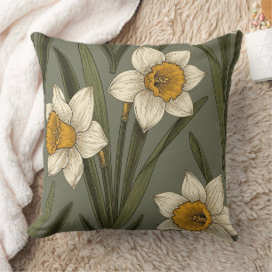 Spring Yellow Daffodil Floral Botanical Pattern Cushion