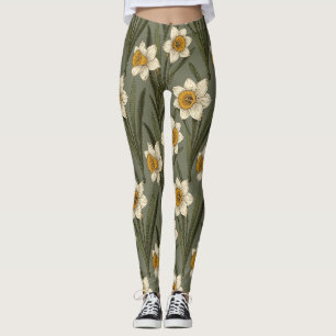 Spring Yellow Daffodil Floral Botanical Pattern Leggings