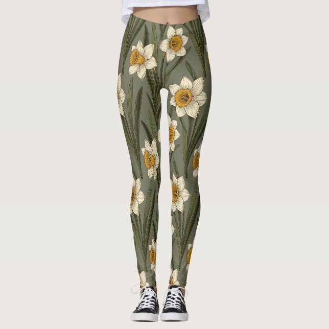 Spring Yellow Daffodil Floral Botanical Pattern Leggings (Front)