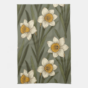 Spring Yellow Daffodil Floral Botanical Pattern Tea Towel