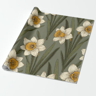 Spring Yellow Daffodil Floral Botanical Pattern Wrapping Paper