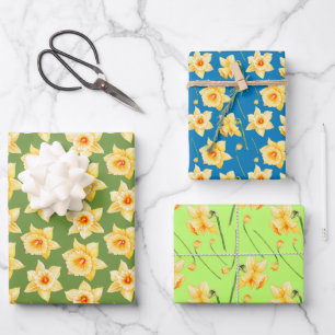 Spring Yellow Daffodil Floral Green Blue Wrapping Paper Sheet