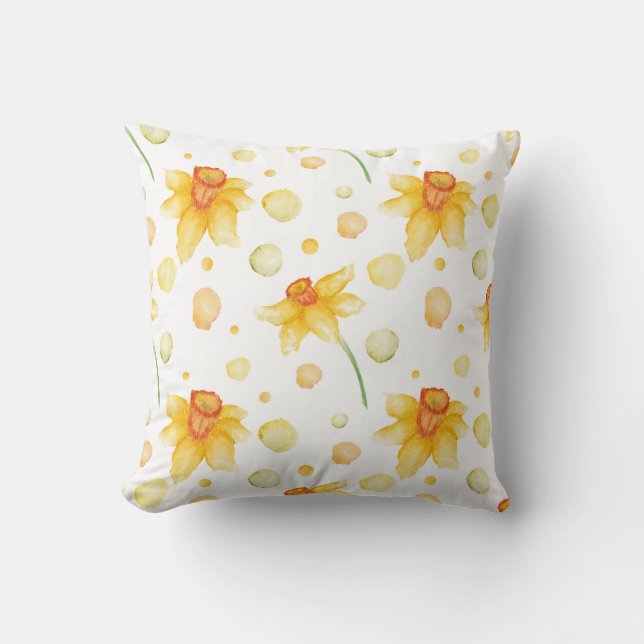 Spring Yellow Daffodil flowers pattern Watercolor Cushion (Front)