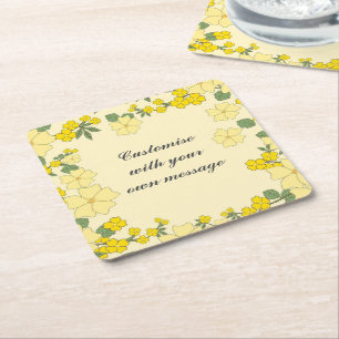Spring Yellow Floral Pattern Custom Text Square Paper Coaster