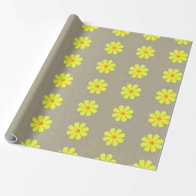 Spring yellow flowers on abstract grey background wrapping paper (Unrolled)