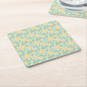 Spring Yellow Flowers on Green Square Paper Coaster