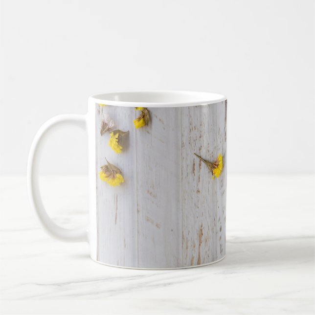Spring yellow flowers, white plank decor. coffee mug (Left)
