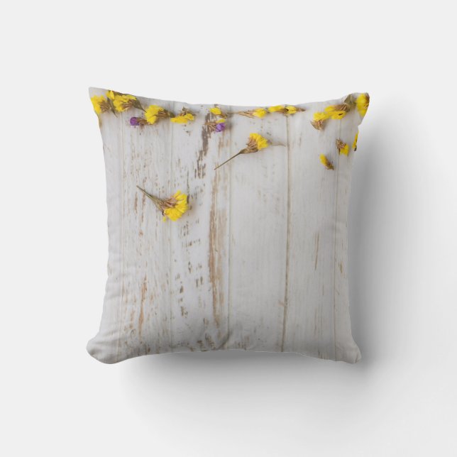 Spring yellow flowers, white plank decor. cushion (Front)