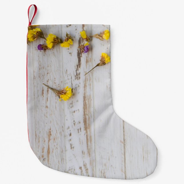 Spring yellow flowers, white plank decor. small christmas stocking (Front)