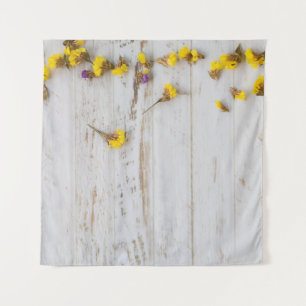 Spring yellow flowers, white plank decor. tapestry
