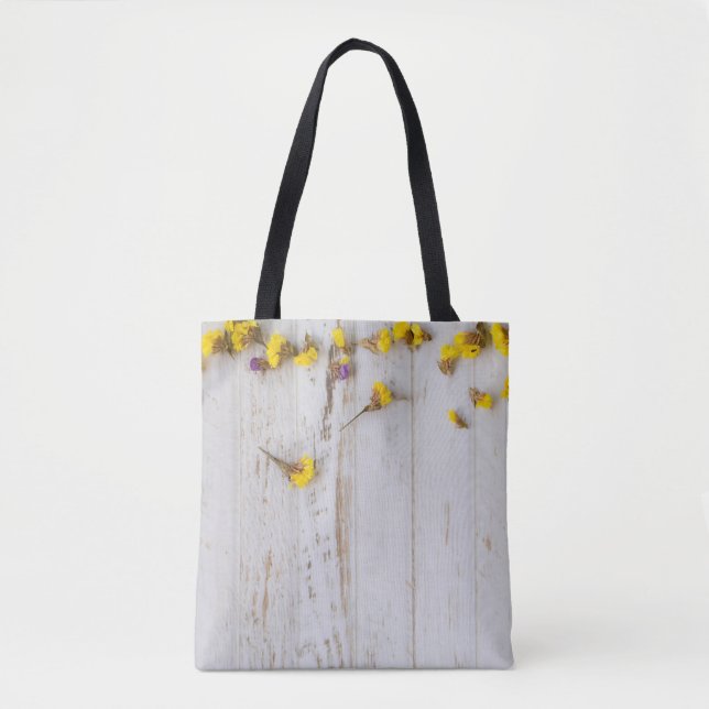 Spring yellow flowers, white plank decor. tote bag (Front)