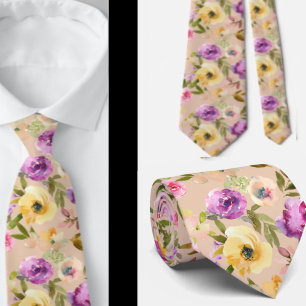 Spring Yellow Pink Purple Floral Watercolor Neck Tie