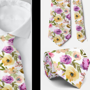 Spring Yellow Pink Purple Floral Watercolor Tie