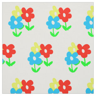 Spring yellow red blue flowers on white fabric