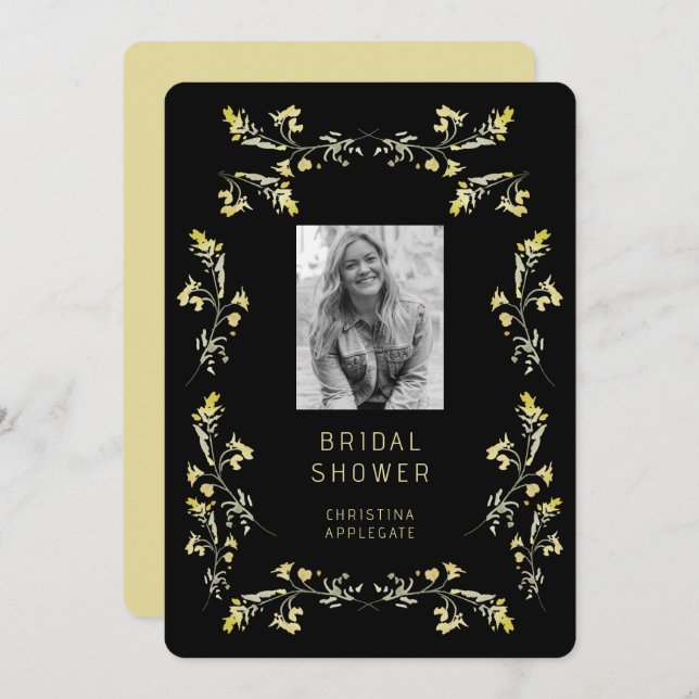 Spring Yellow Wildflowers B/W Photo Bridal Shower Invitation (Front/Back)