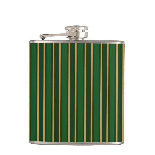 Springbok green and gold candy stripes hip flask (Front)